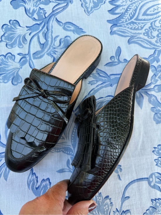 J. Crew Shoes - J Crew Womens Croc Embossed Leather Mules Size 7 Black Office Luxury Shoes